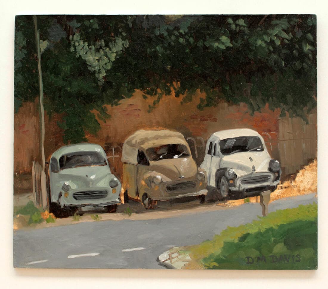 Three Morris Minors-Morris Minor cars plein air painting