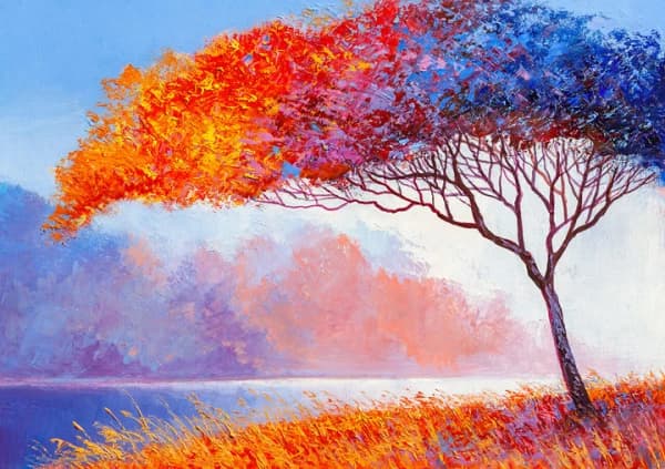 Landscape colorful abstract tree hand drawn impressionism