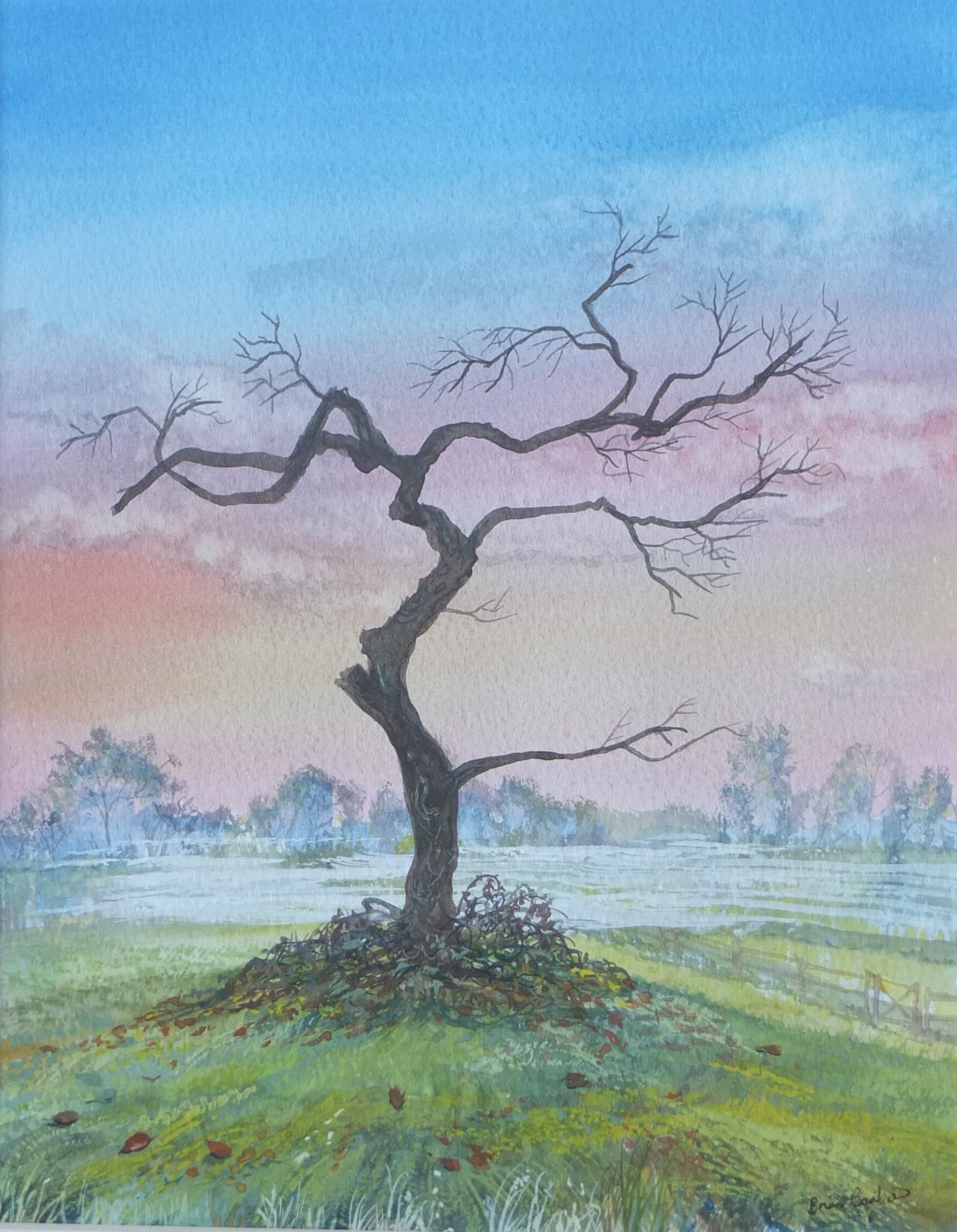 Dawn Sunrise - Tree Figurative Watercolour Art thumbnail-0