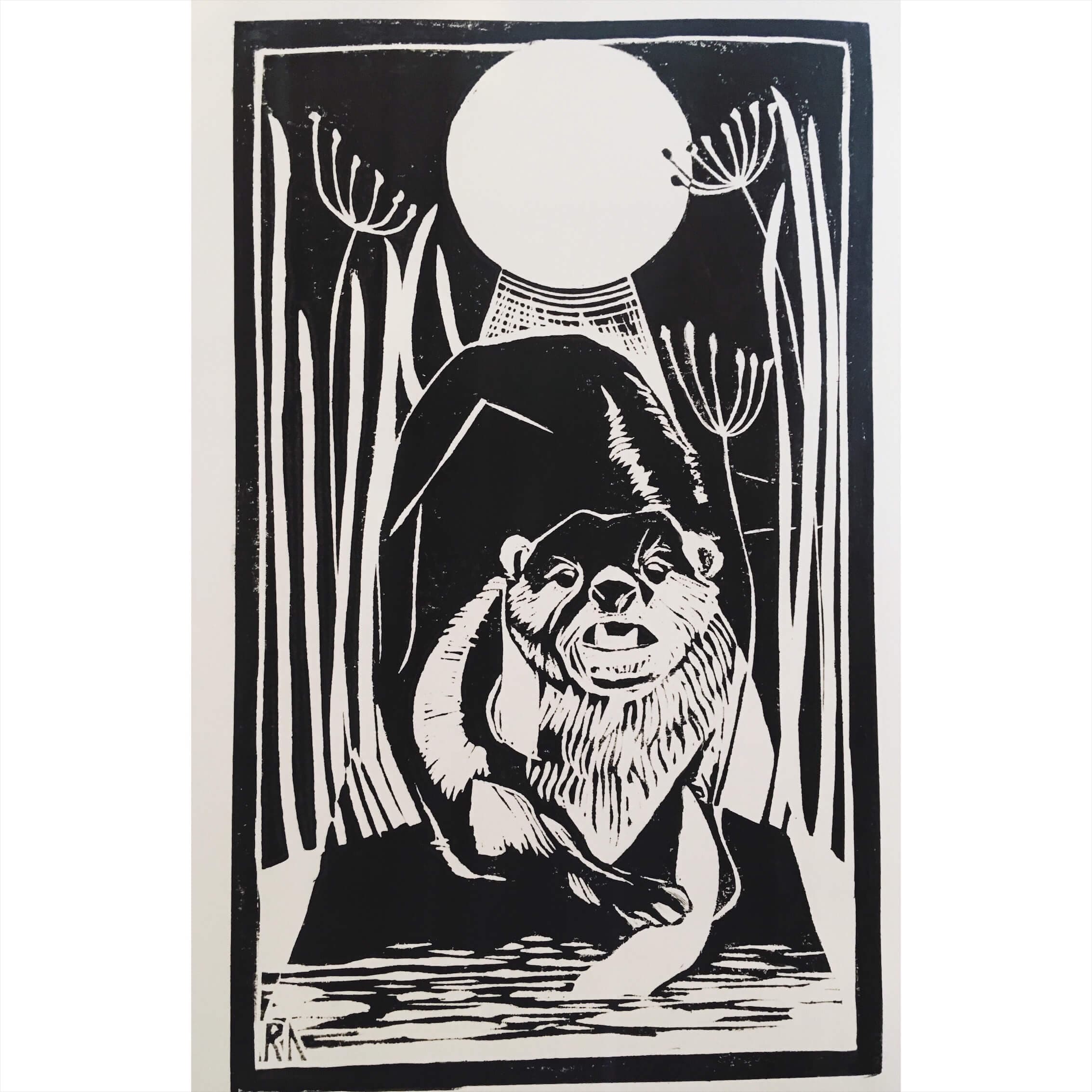 Otter Fishing Lino Cut Art thumbnail-1