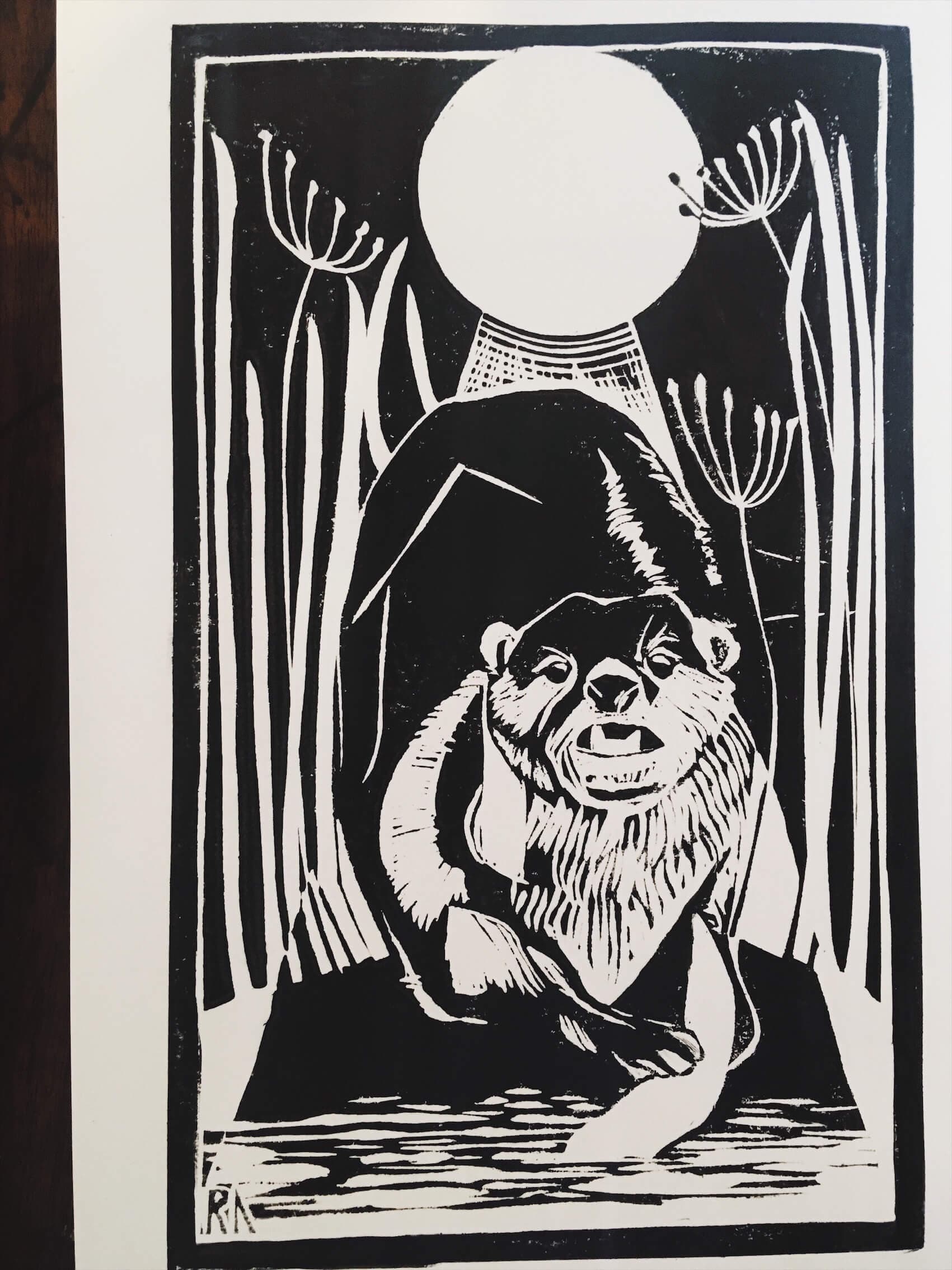 Otter Fishing Lino Cut Art thumbnail-0