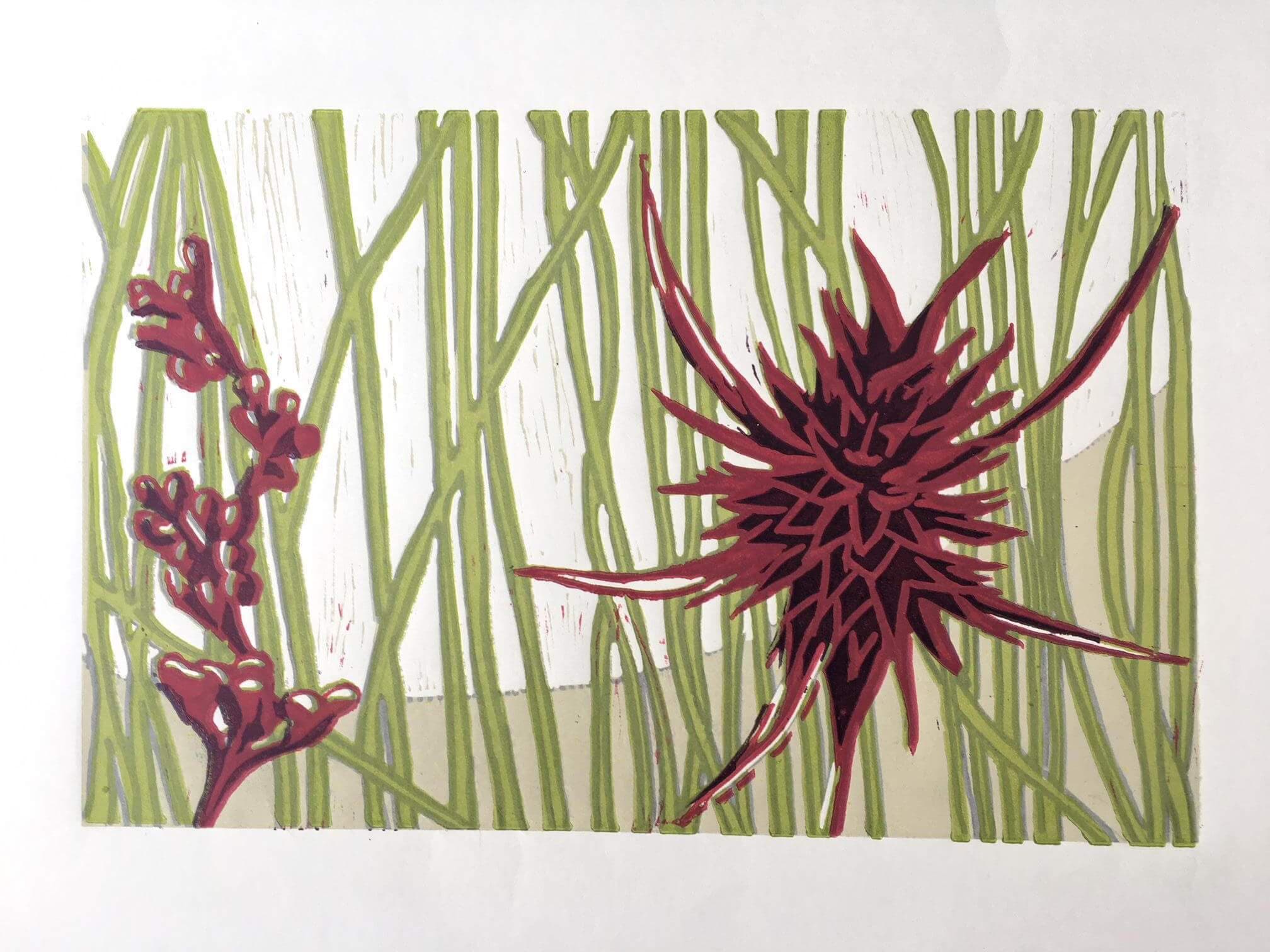 Thistle in Reeds - A Piece of Lino Print Abstract Art thumbnail-1