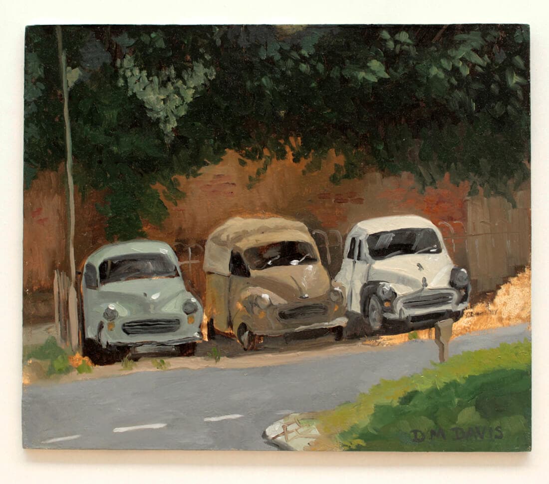 Three Morris Minors-Morris Minor cars plein air painting thumbnail-0