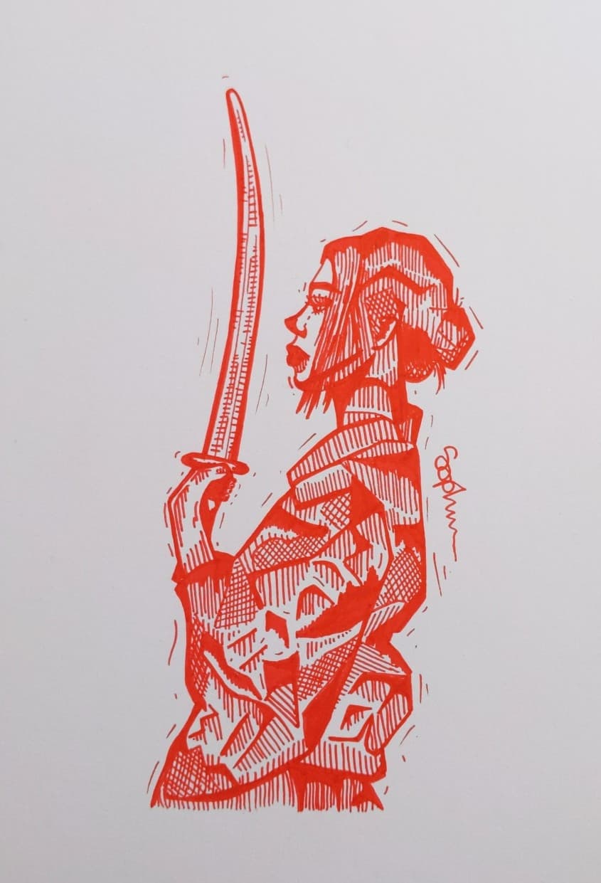 Red-1637080985 - Figurative Red Samurai Girl Artwork