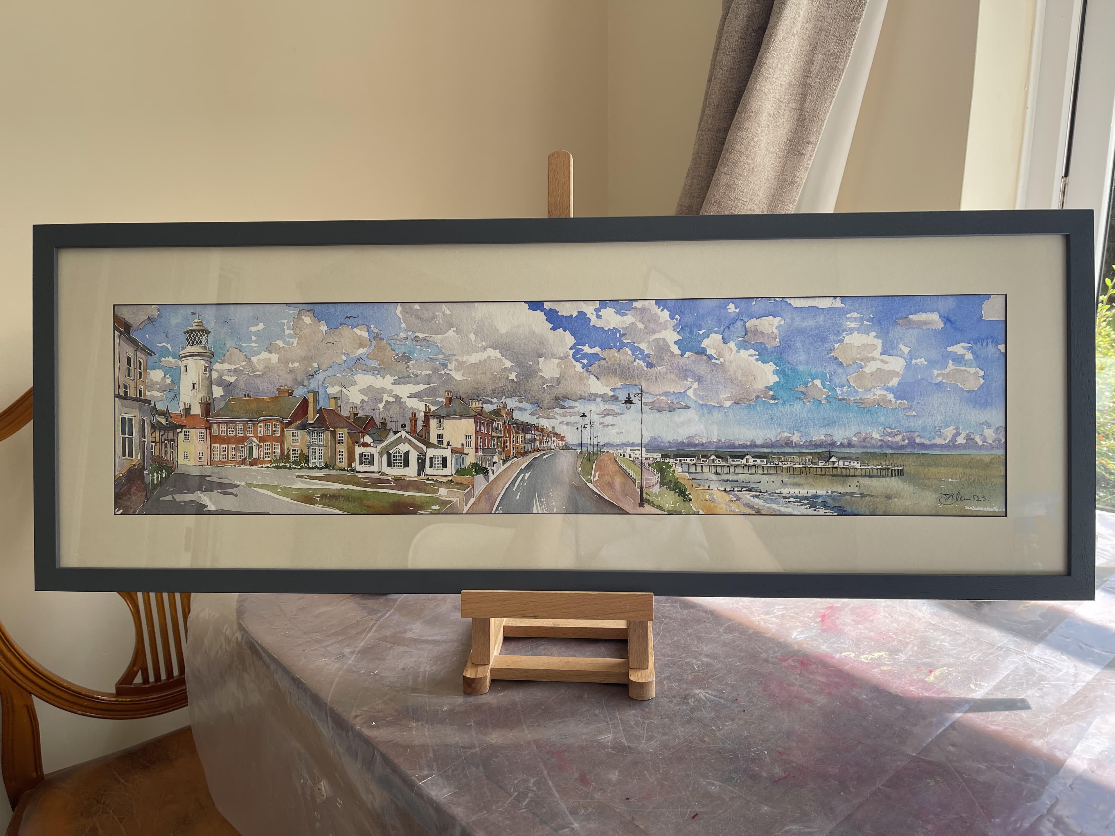 Southwold panorama Pier N Parade Lighthouse-Panoramic watercolour painting thumbnail-0