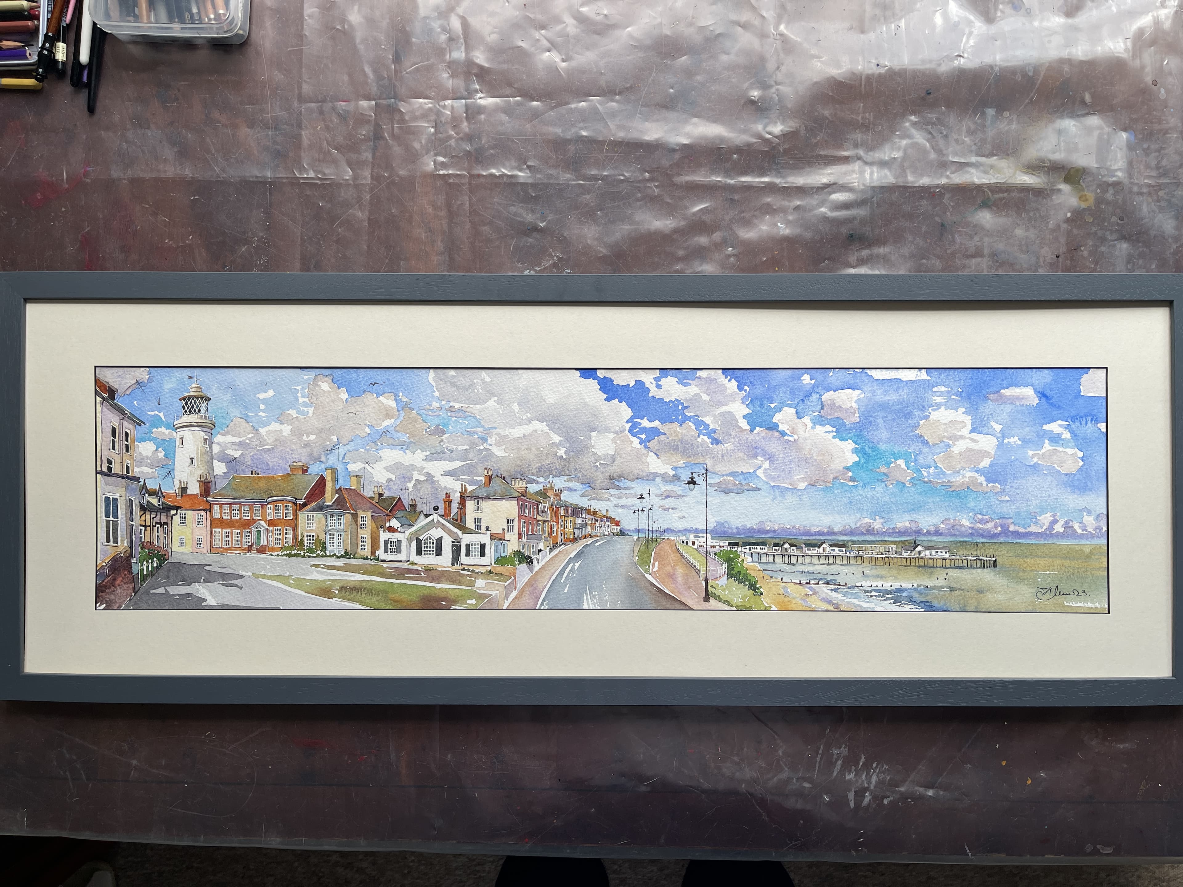 Southwold panorama Pier N Parade Lighthouse-Panoramic watercolour painting thumbnail-1