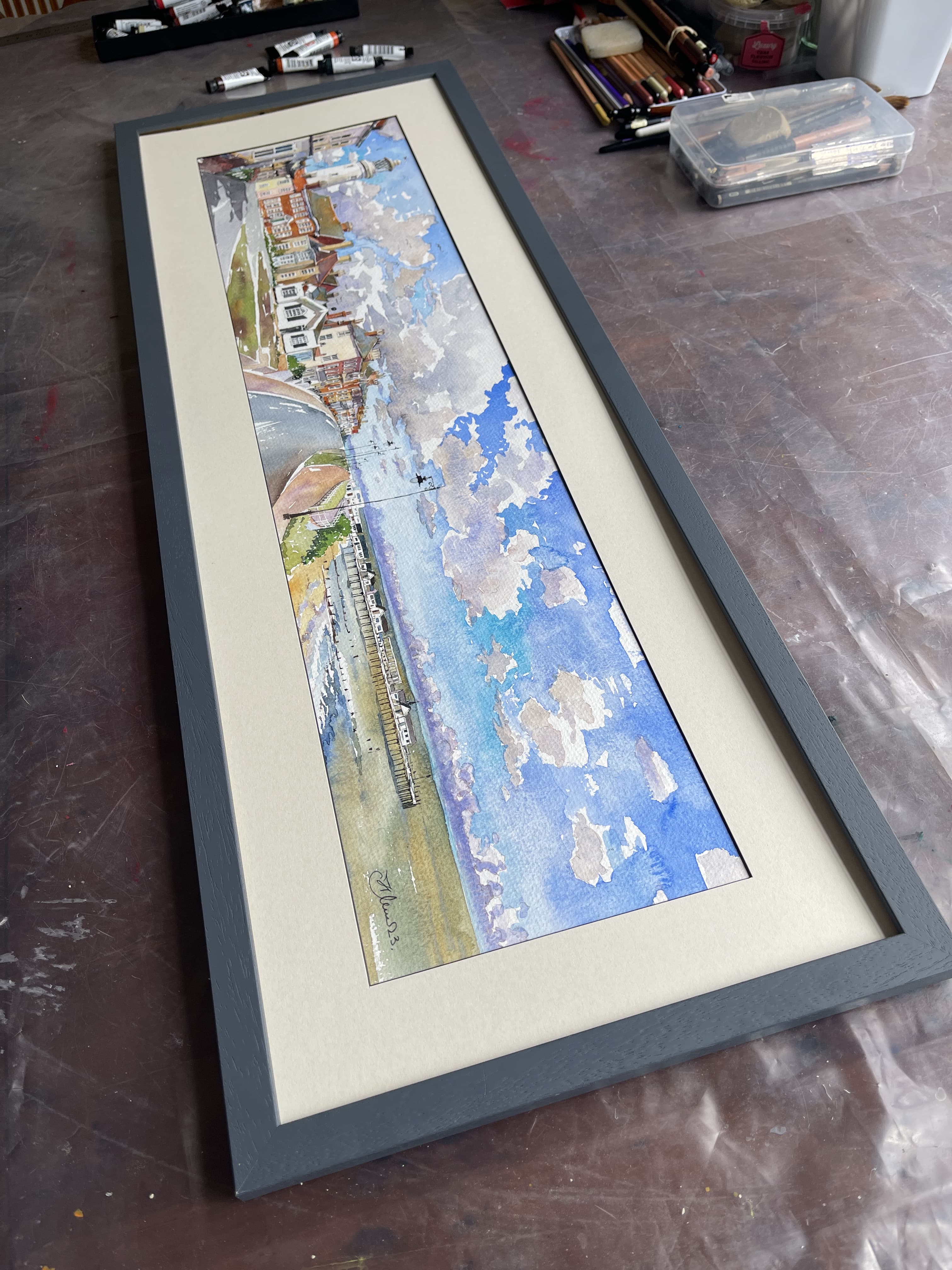 Southwold panorama Pier N Parade Lighthouse-Panoramic watercolour painting thumbnail-2