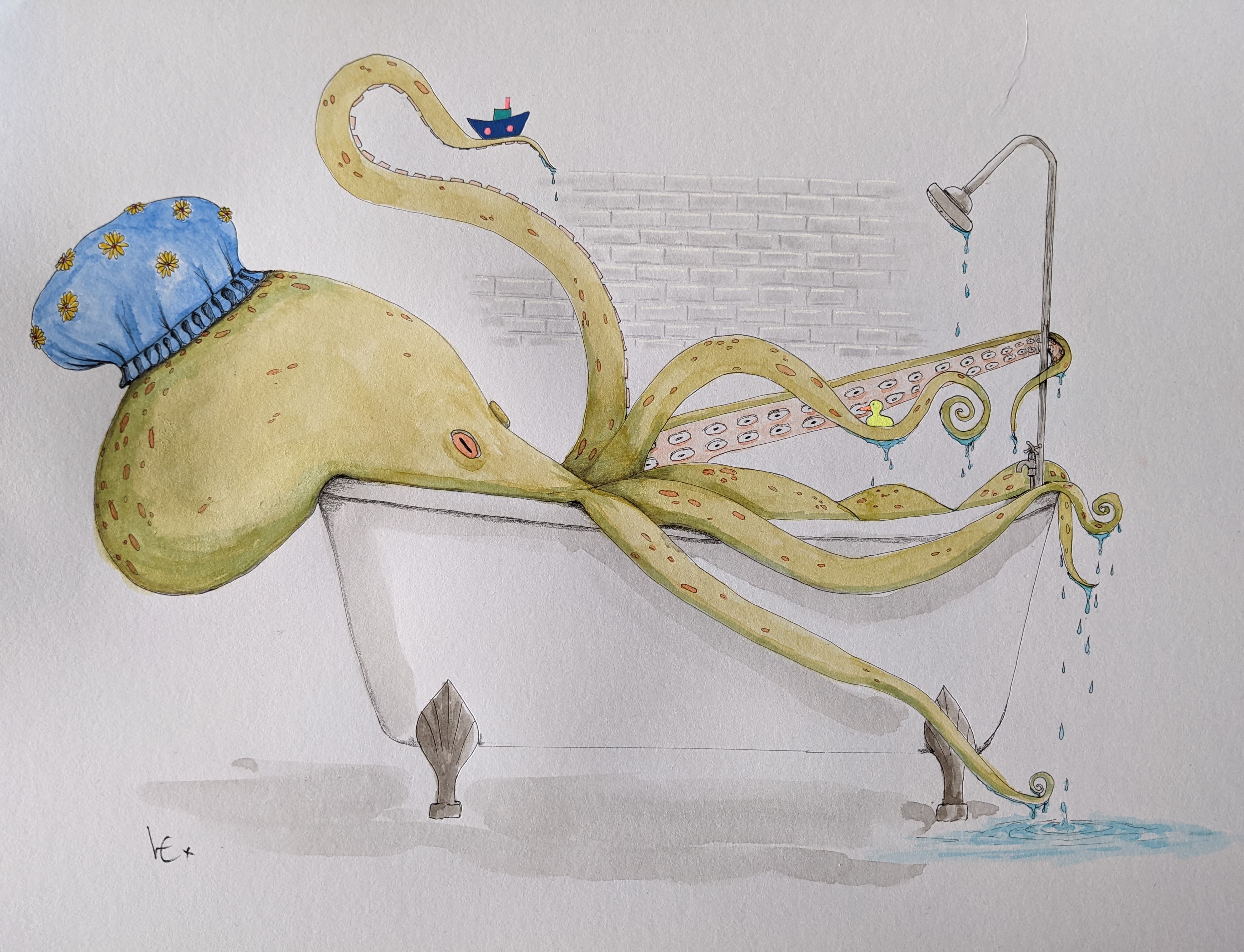 Bath time- Illustrative octopus watercolour painting thumbnail-0