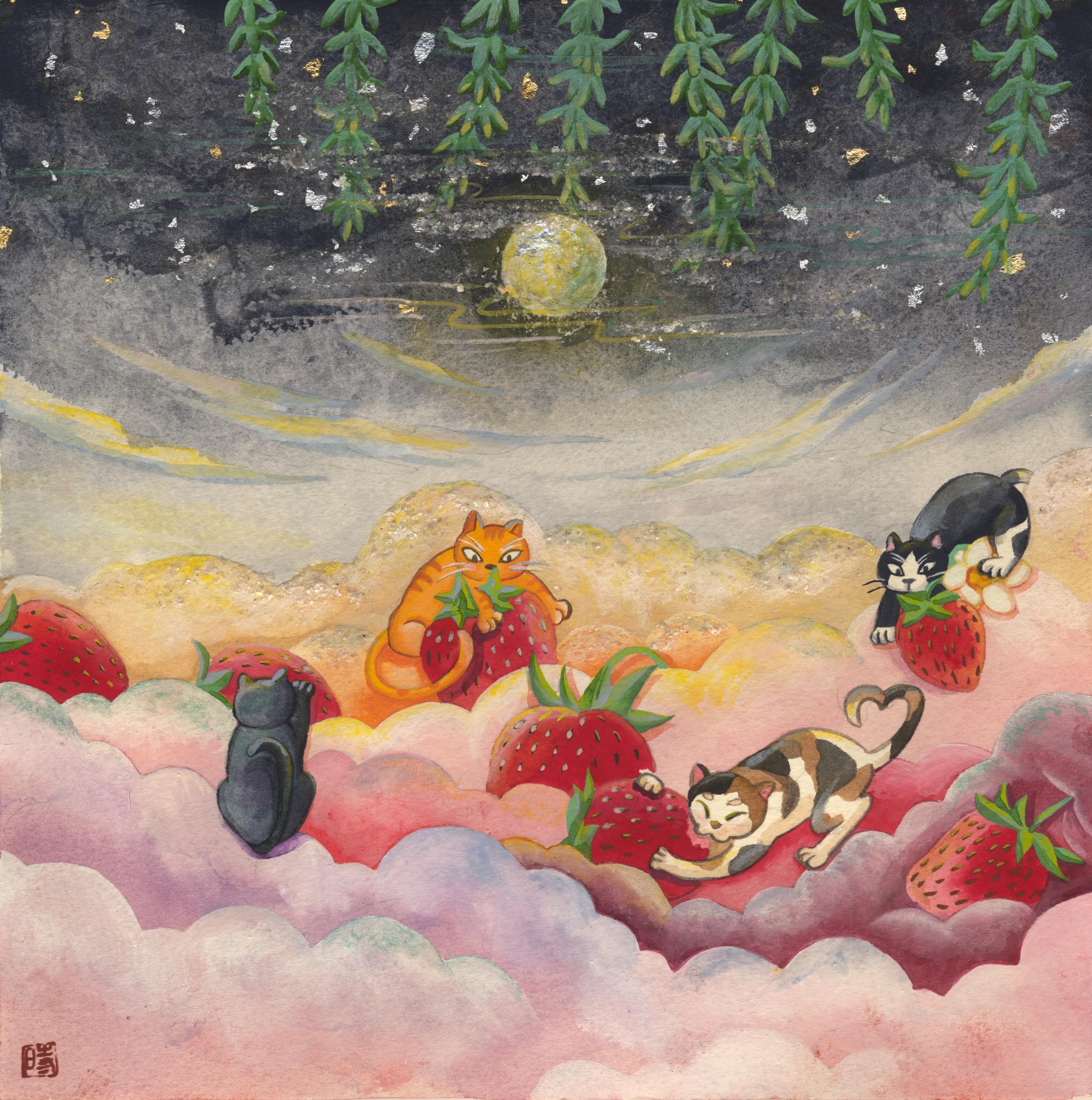 Strawberry Paradise - Surrealist Mixed Media Artwork