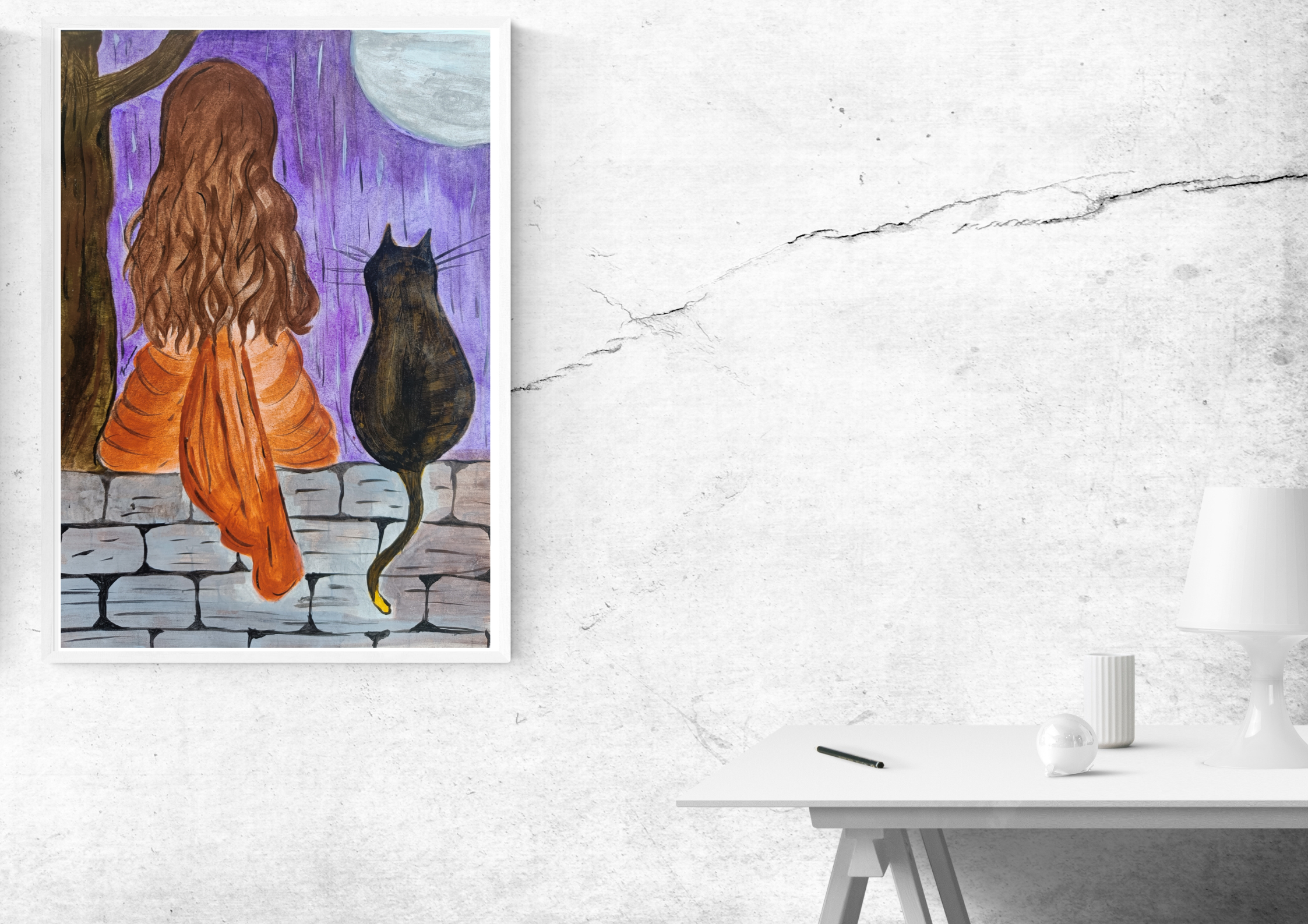 Modern painting of a Girl and a Cat - Aesthetic - Exotic - Hand painted No Print - Acrylic painting - Perfect for gifts and collectibles thumbnail-1