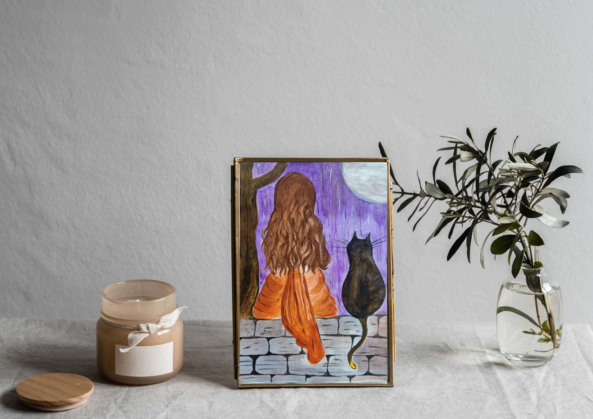 Modern painting of a Girl and a Cat - Aesthetic - Exotic - Hand painted No Print - Acrylic painting - Perfect for gifts and collectibles thumbnail-2