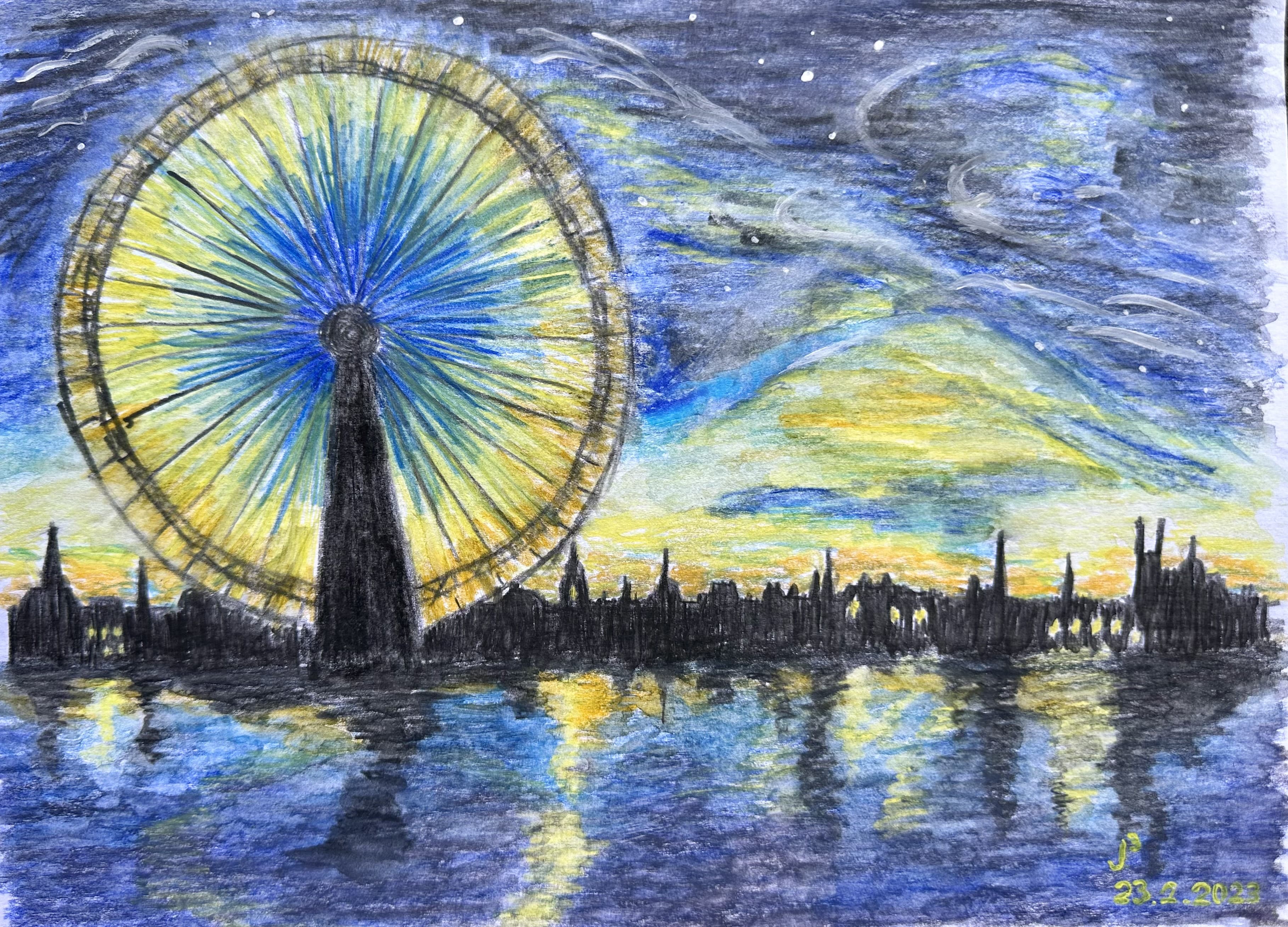 The London Eye in Dusk - Aquarelle Pencils on Mixed Media Paper thumbnail-0