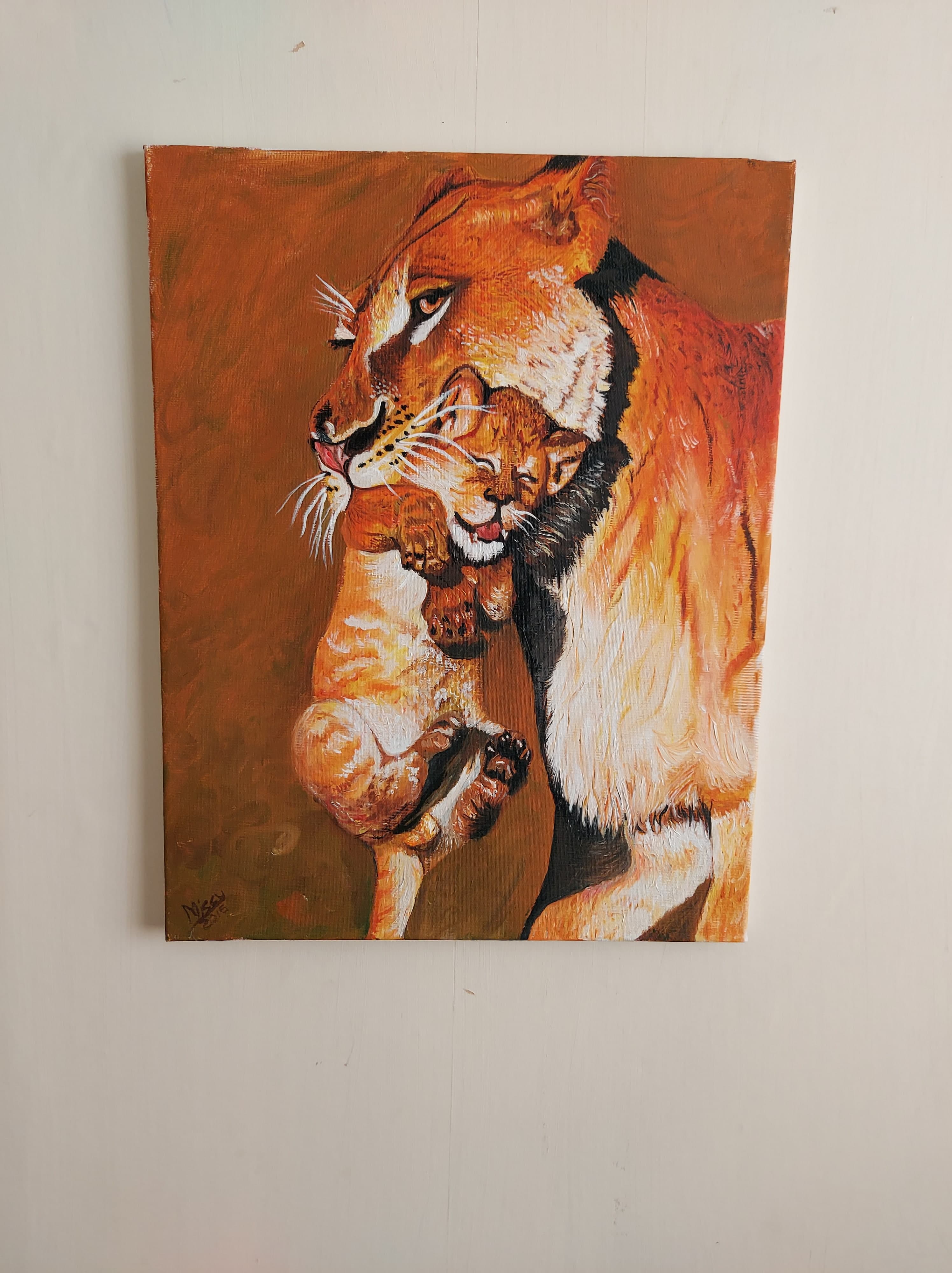 Lioness Carrying Her Cub - Realistic Animal Oil Painting thumbnail-0