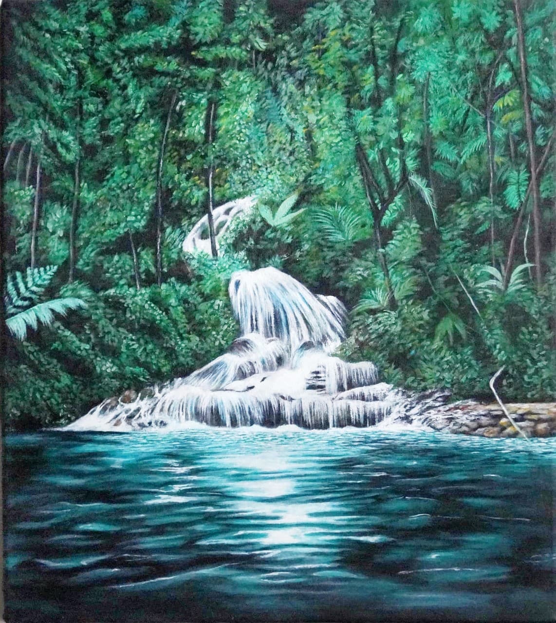 Waterfall Forest - Acrylic Waterfall Forest Painting thumbnail-0