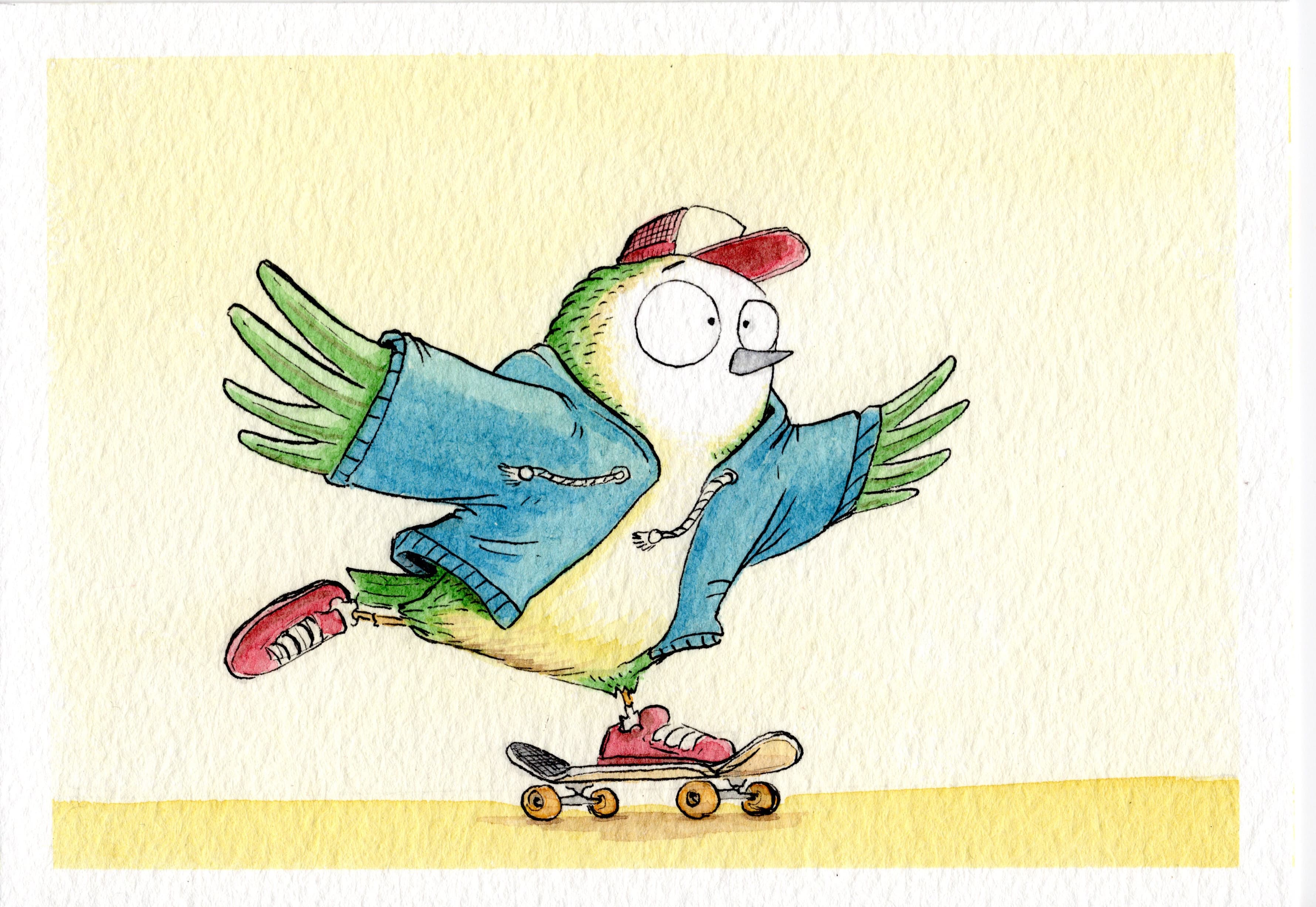 Skating Bluetit Watercolour Art thumbnail-0