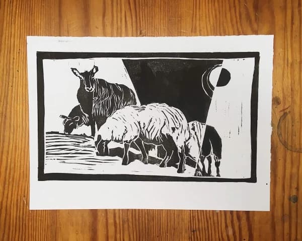 Hand Printed Sheep Ink Art