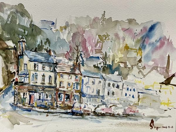 Rainy Matlock Bath Derbyshire UK - Watercolor Landscape Sketching