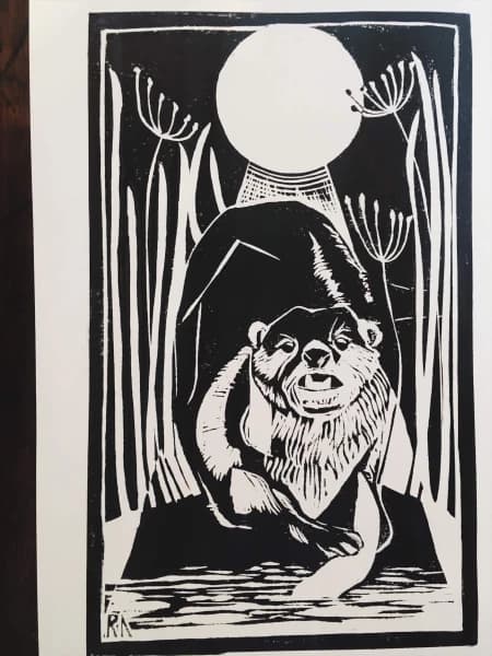 Otter Fishing Lino Cut Art