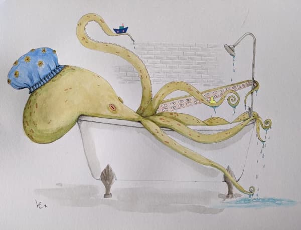 Bath time- Illustrative octopus watercolour painting